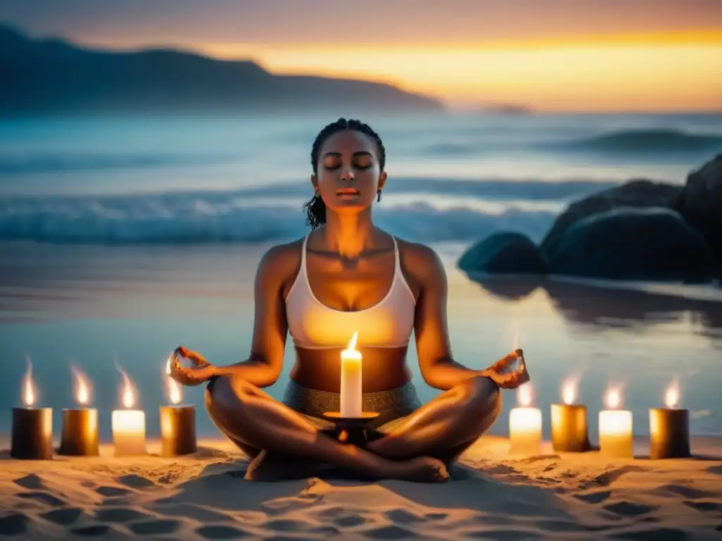 Persona recitando mantras para sanar y transformar al amanecer en la playa con velas encendidas y tambura