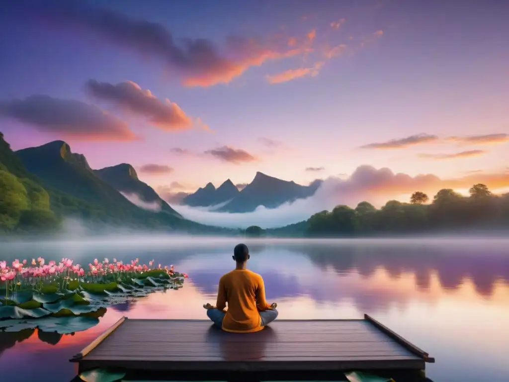 Persona meditando en un muelle de madera en un lago al atardecer, rodeada de naturaleza exuberante