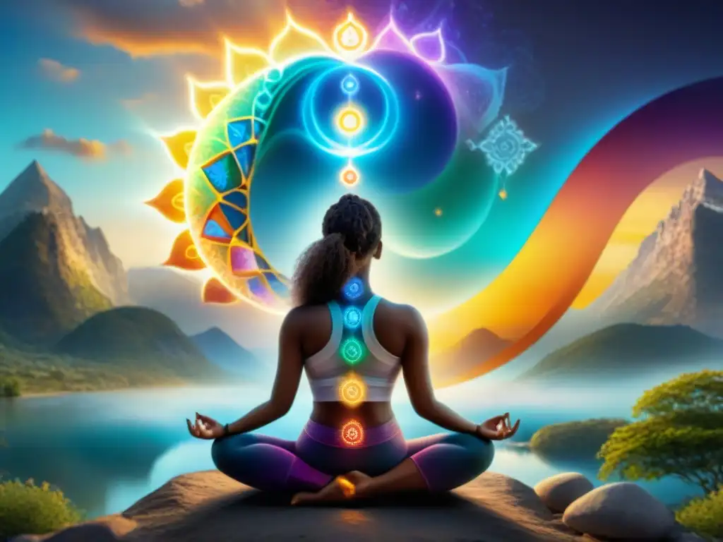 Persona en postura de yoga rodeada de chakras en equilibrio y armonía en paisaje sereno