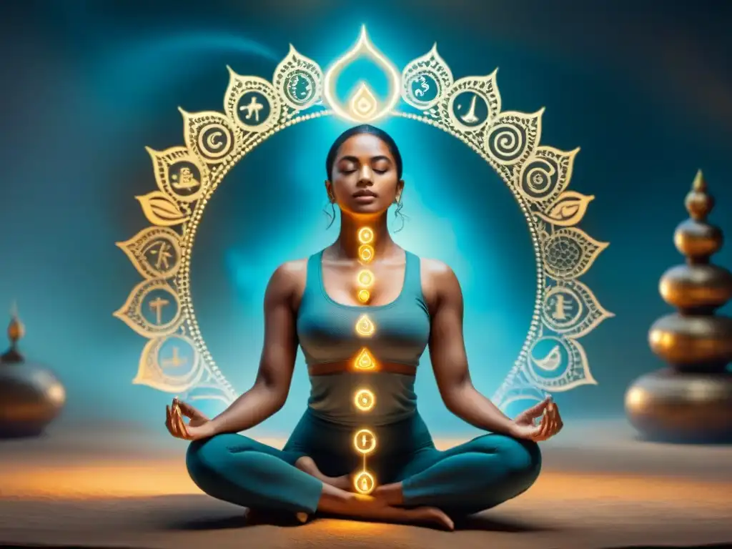 Persona en profunda postura de yoga rodeada de símbolos alquímicos y mantras dorados, creando un ambiente espiritual