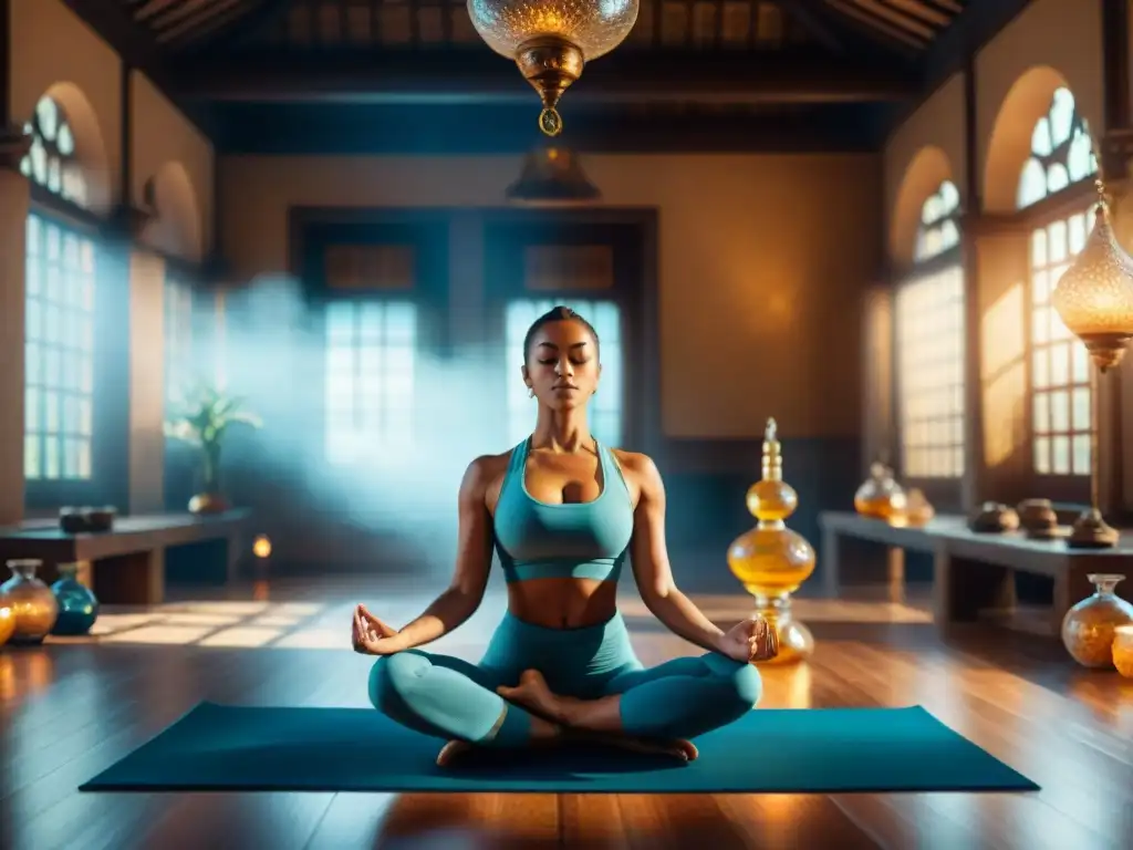 Persona practicando yoga en laboratorio alquímico antiguo, rodeada de vidriería y símbolos místicos