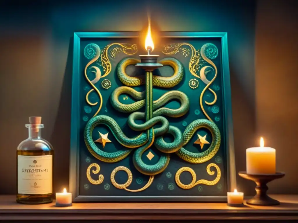 Pintura alquímica del siglo XX con serpientes entrelazadas, cuerpos celestiales y patrones geométricos en un laboratorio iluminado por velas