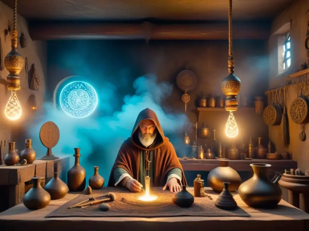 Misterioso taller del alquimista: energía etérea y símbolos ancestrales Una pintura sepia detalla taller alquimista con símbolos, pociones y figuras misteriosas