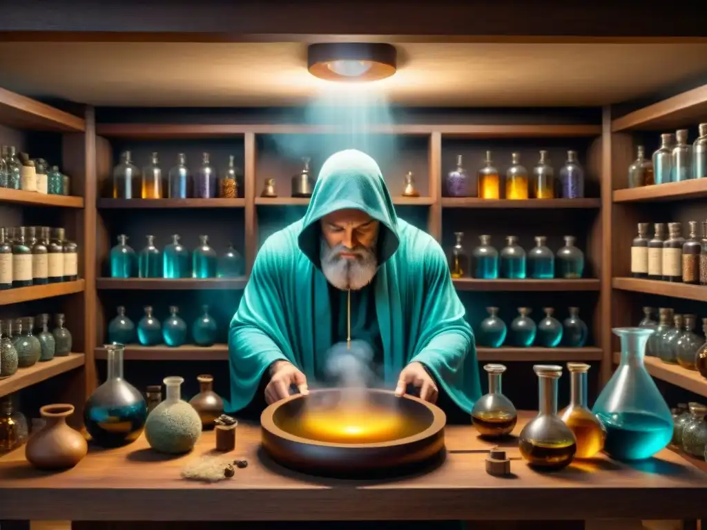 Alquimia mística: laboratorio ancestral con figura encapuchada Pintura sepia detallada de un laboratorio alquímico místico, con un personaje en una mesa llena de instrumentos y símbolos alquímicos