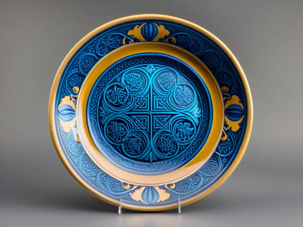 Plato renacentista de cerámica con alquimia y seres místicos entre patrones florales vibrantes