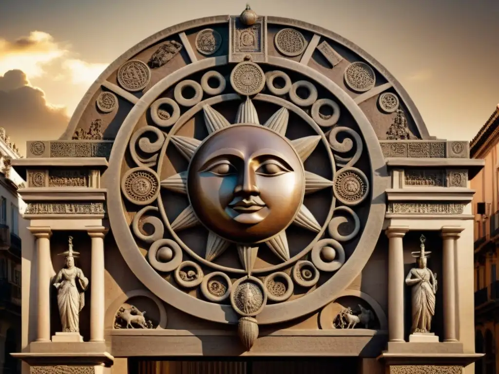 Un portal a la historia y la alquimia: Detalle sepia de La Puerta del Sol y la Luna, con intrincadas figuras y símbolos