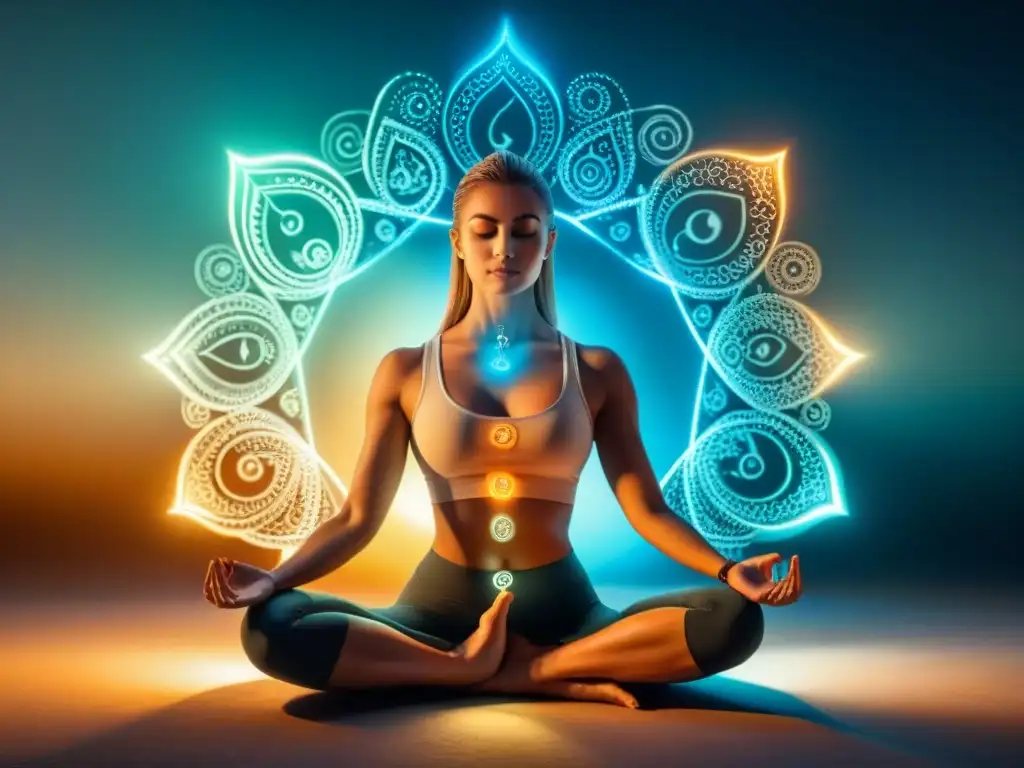 Figura en postura profunda de yoga rodeada de símbolos alquímicos y energía, fusionando yoga y alquimia en transformación espiritual