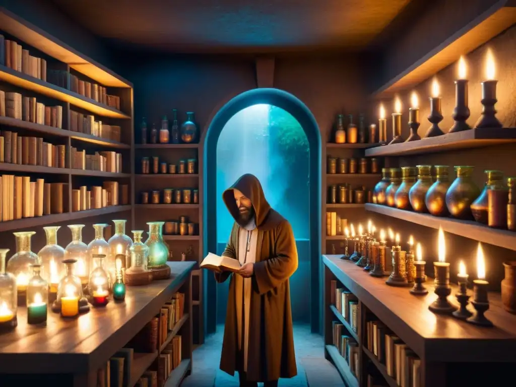 Alquimia en la penumbra: laboratorio secreto de misterios y símbolos En las prácticas secretas alquimistas laboratorios, un misterioso alquimista realiza experimentos en un laboratorio subterráneo iluminado por velas