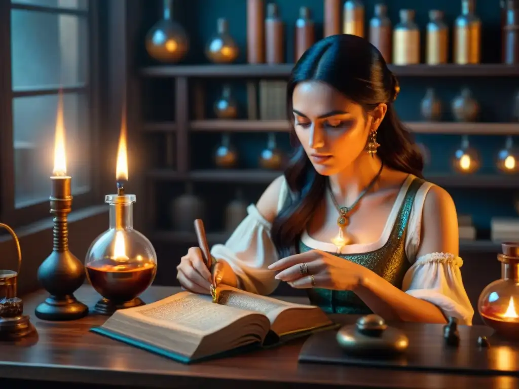 María la Judía, primera mujer alquimista de la historia, en laboratorio iluminado por velas y rodeada de libros antiguos y herramientas alquímicas