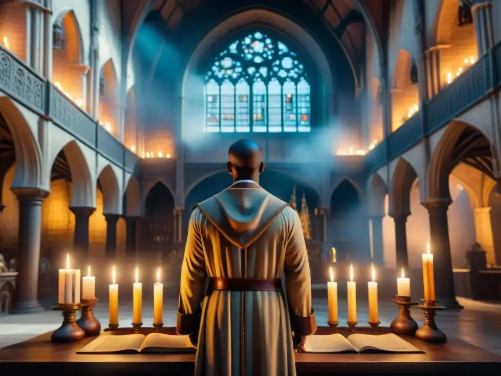 En lo más profundo de una catedral medieval, figuras sombrías practican alquimia bajo vitrales religiosos