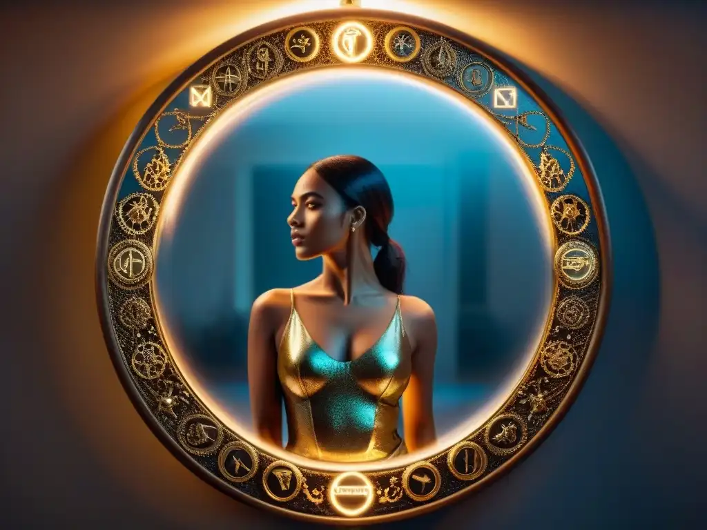 Reflejo de autoaceptación en espejo con símbolos alquímicos dorados, expresión de empoderamiento