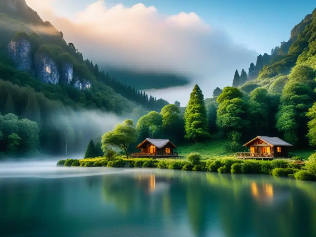 Refugio en la montaña con cabañas de madera, río sereno y bosque exuberante