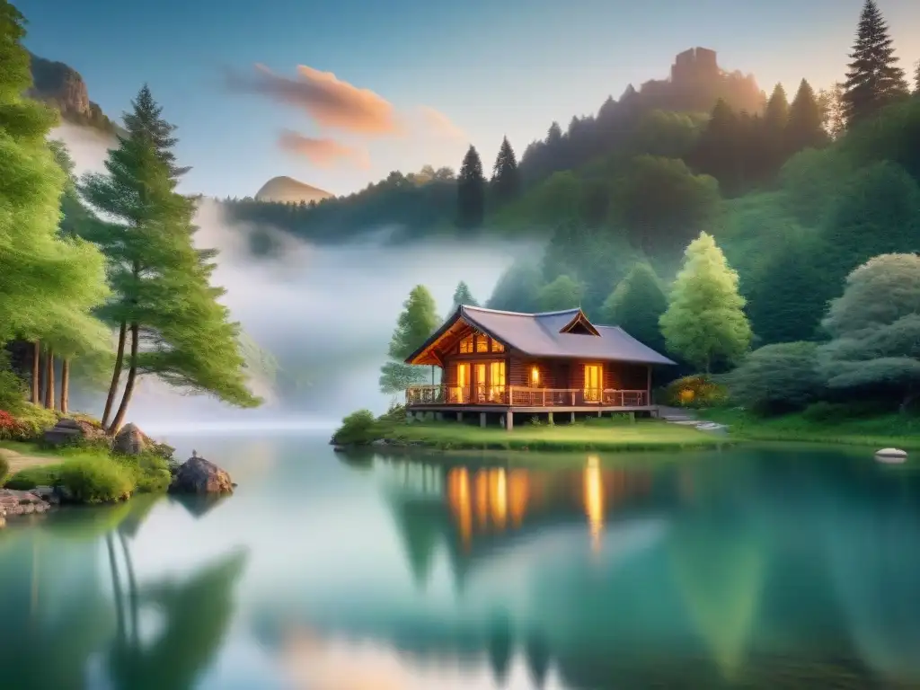 Un refugio de montaña rodeado de naturaleza exuberante y un lago tranquilo al atardecer