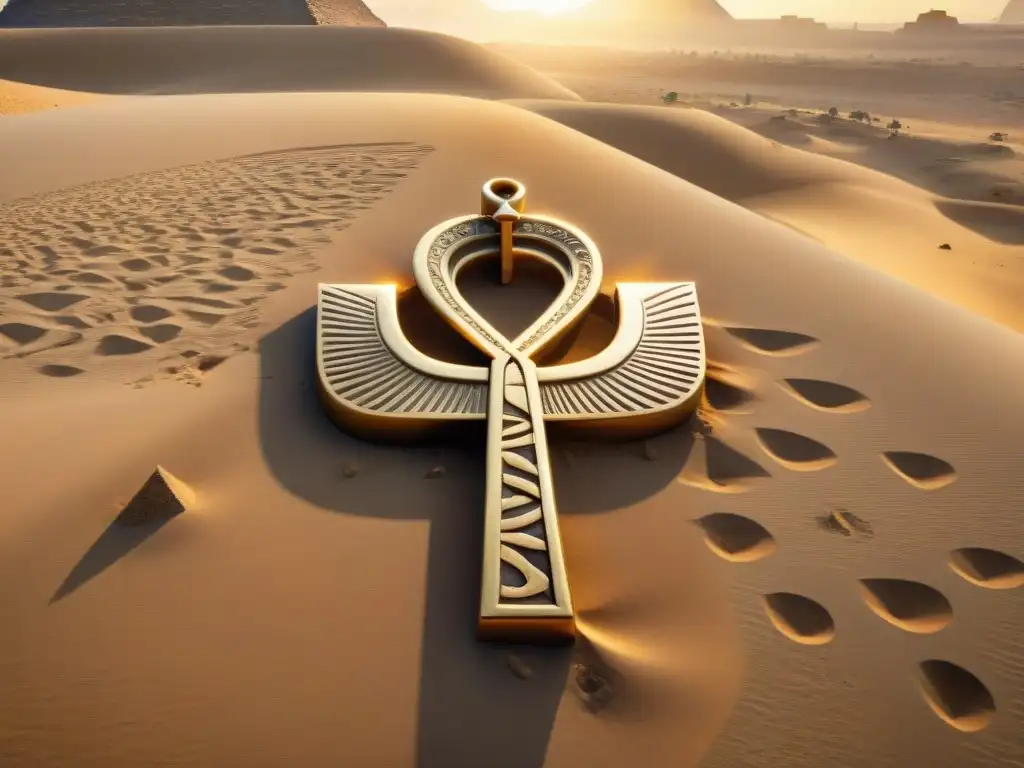 Reluciente Ankh de oro con hieroglíficos en el desierto, símbolo alquímico Ankh Egipto