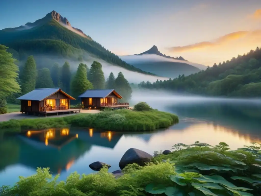 Un retiro espiritual alquímico en un paisaje de montaña sereno con cabañas de madera y un lago tranquilo al atardecer