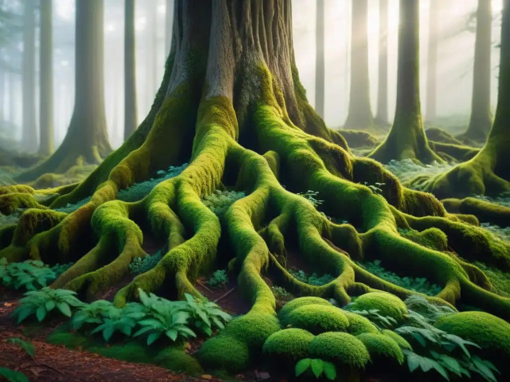 Bosque ancestral: misterio y encanto, alquimia oculta en Europa Retiro espiritual en un bosque místico de Europa, con árboles ancestrales cubiertos de musgo verde y raíces retorcidas
