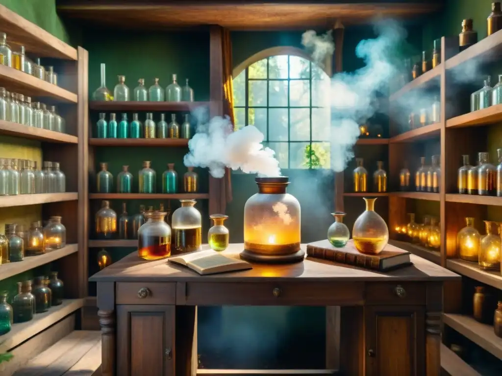 Alquimia ancestral en el bosque místico: misterio y serenidad Retiro espiritual en un laboratorio alquímico antiguo en un bosque místico, iluminado por rayos de sol