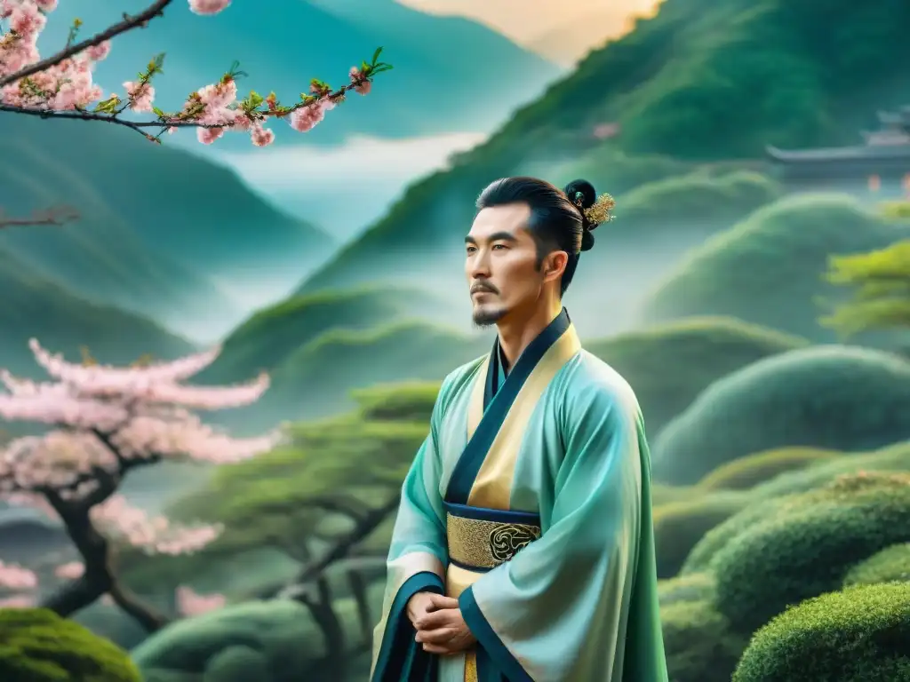 Retrato alquímico de Lu Dongbin con enseñanzas en un jardín de cerezos en flor y montañas místicas al fondo