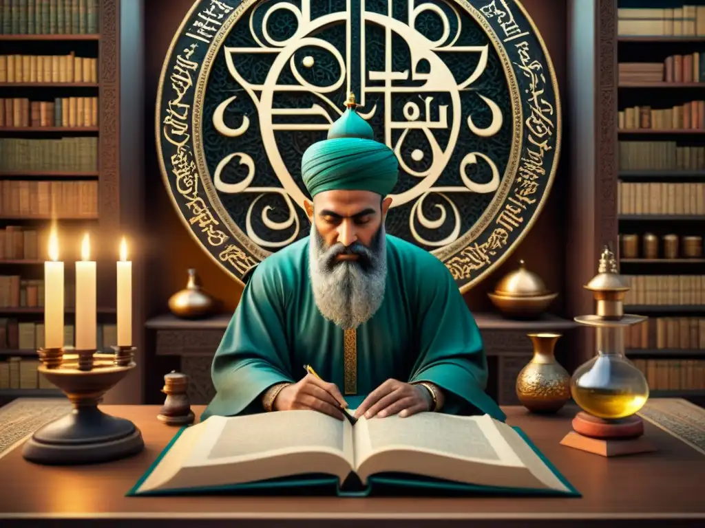 Retrato detallado en sepia de Jābir ibn Hayyān rodeado de herramientas y manuscritos alquímicos