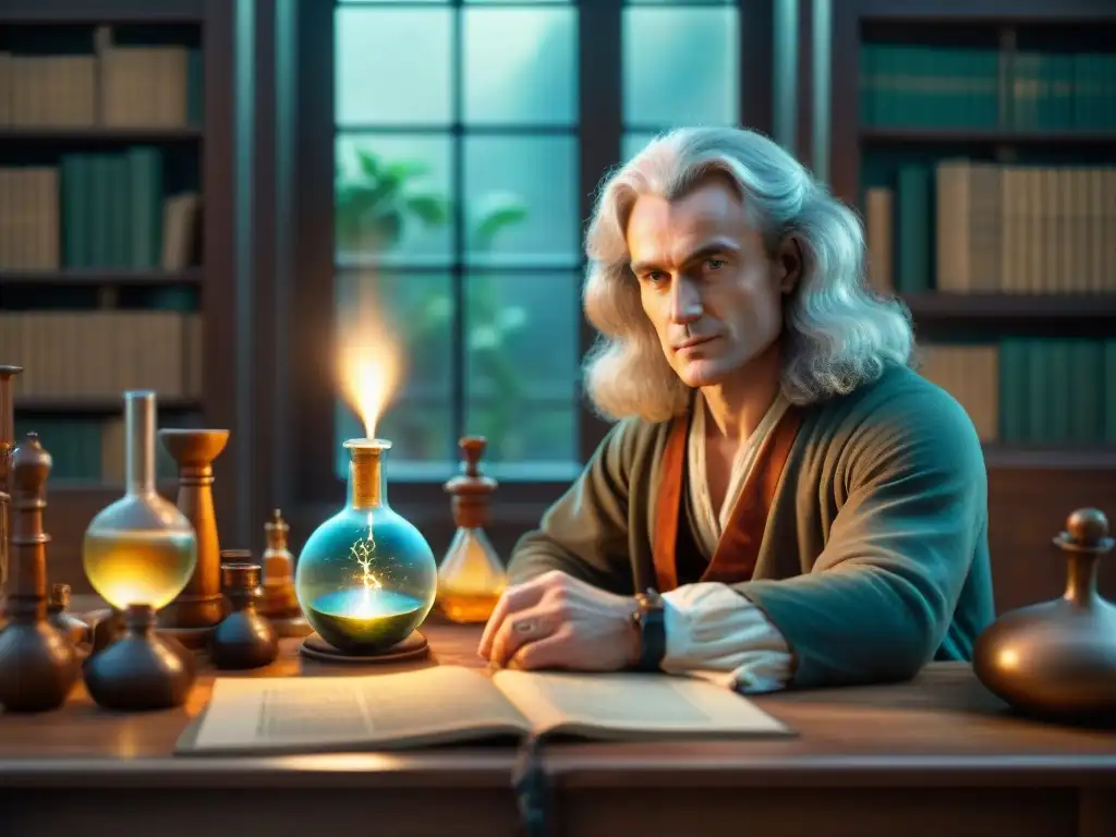 Retrato sepia de Isaac Newton inmerso en alquimia y ciencia en su estudio histórico