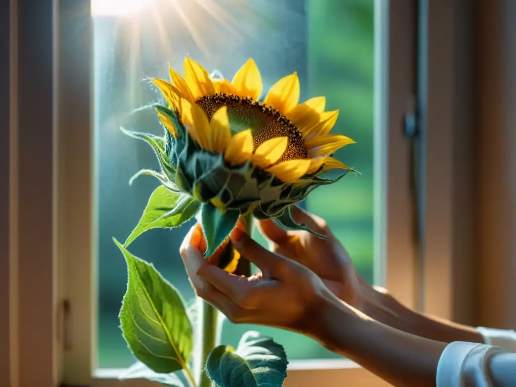 Un retrato sepia de manos sosteniendo un girasol, con luz cálida filtrándose por la ventana