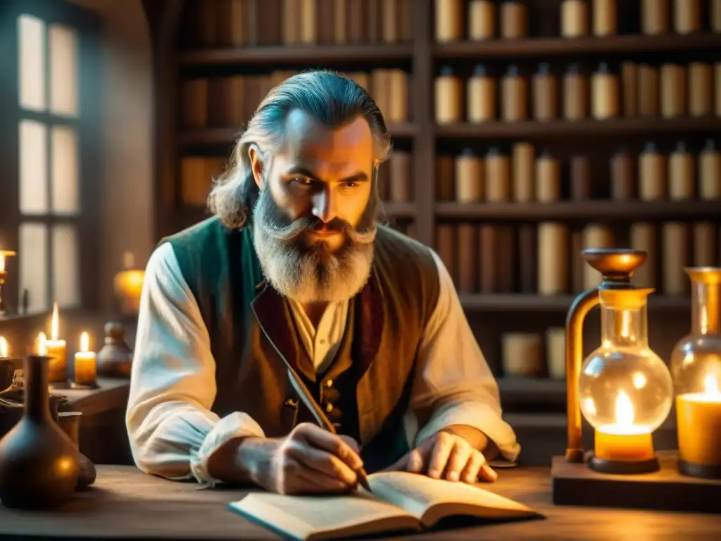 Retrato de Nicolas Flamel en su misterioso taller de alquimia, con libros polvorientos y velas titilantes, evocando películas