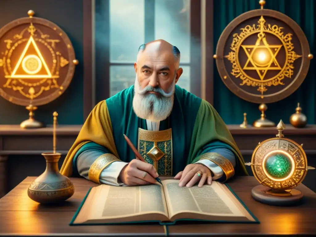 Enigmática ilustración sepia de Johannes Trithemius rodeado de símbolos alquímicos en una corte real, fusionando ciencia y misticismo