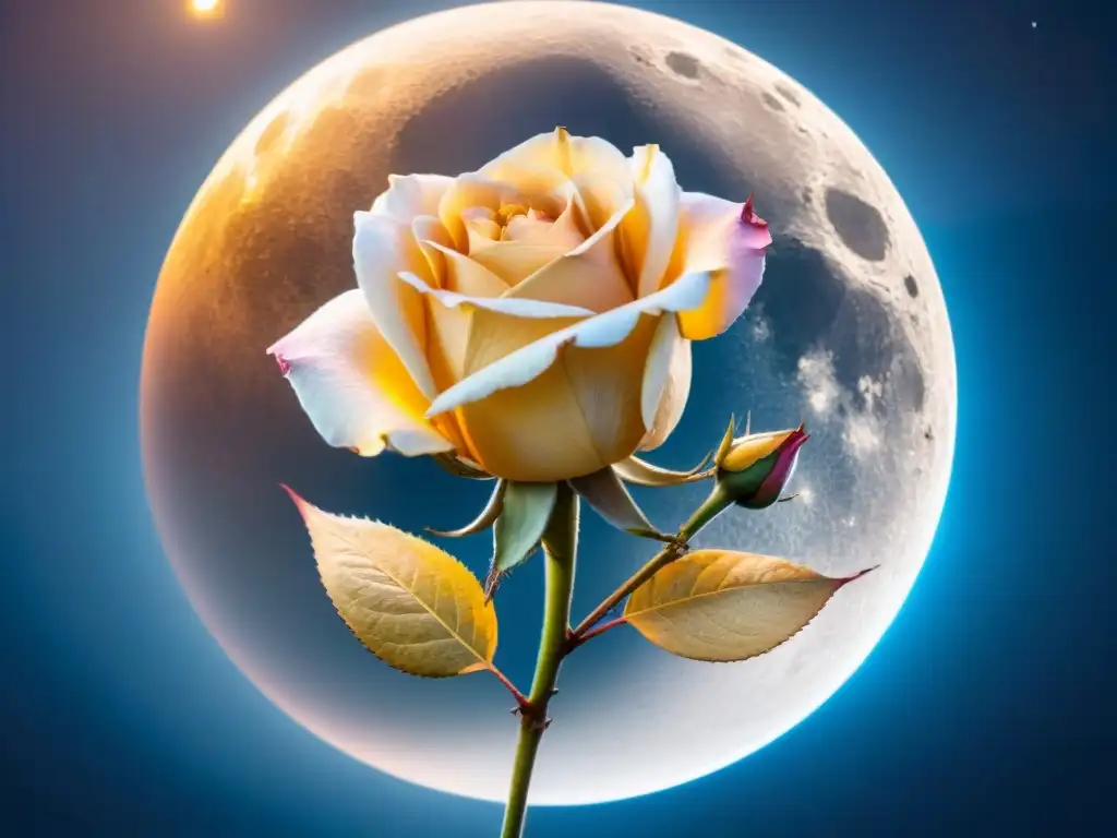 Una ilustración sepia intrincada de una rosa en flor enlazada con símbolos alquímicos, ante una luna llena brillante y un cielo nocturno sereno