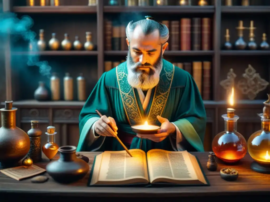 Un sabio alquimista en su laboratorio antiguo, rodeado de símbolos místicos y pociones burbujeantes