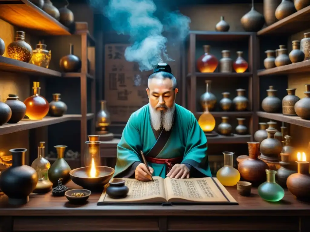 Misterioso alquimista chino en su laboratorio ancestral Sabio alquimista chino en laboratorio antiguo con herramientas alquímicas, creando atmósfera de misterio y sabiduría