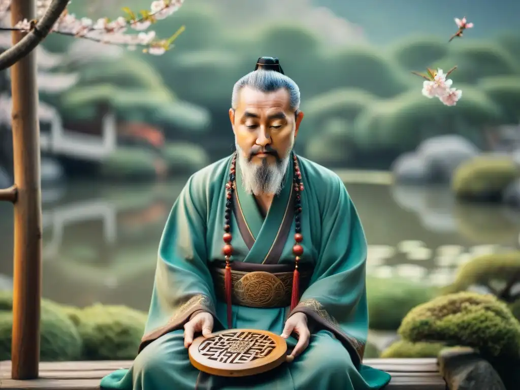 Ilustración sepia de un sabio chino con un oráculo I Ching, en un jardín místico