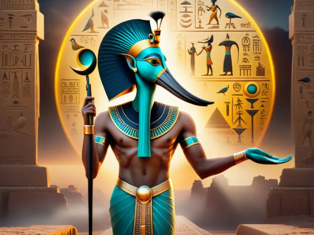 El sabio dios egipcio Thoth, con cabeza de ibis, sostiene símbolo de sabiduría alquímica mientras irradia misterio entre jeroglíficos