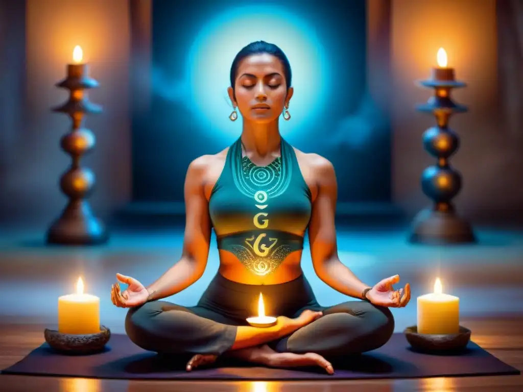 Un sabio yogui en meditación rodeado de símbolos alquímicos, velas y cuerpos celestiales