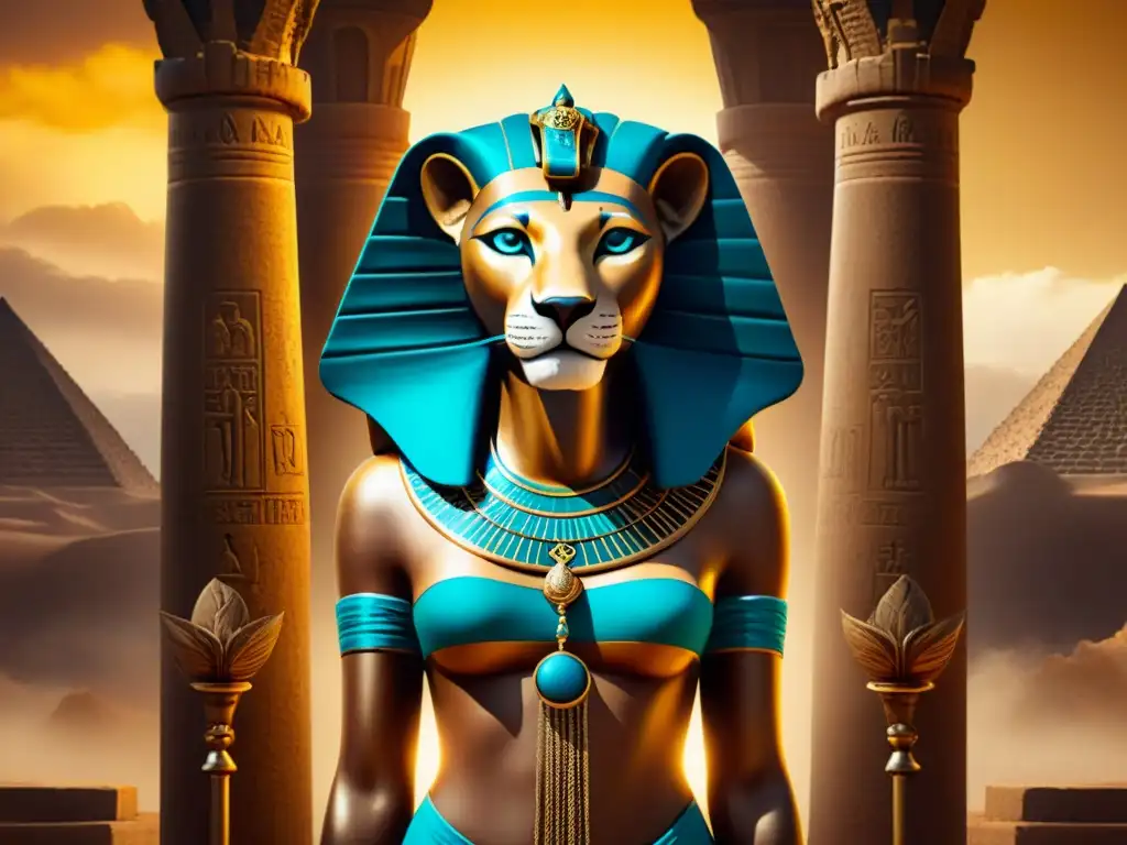 Ilustración sepia intrincada de Sekhmet, diosa egipcia de la alquimia, poderosa y sabia, en laboratorio alquímico