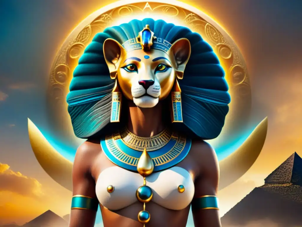 Ilustración sepia intrincada de Sekhmet, diosa egipcia, con aura poderosa de alquimia y sabiduría antigua