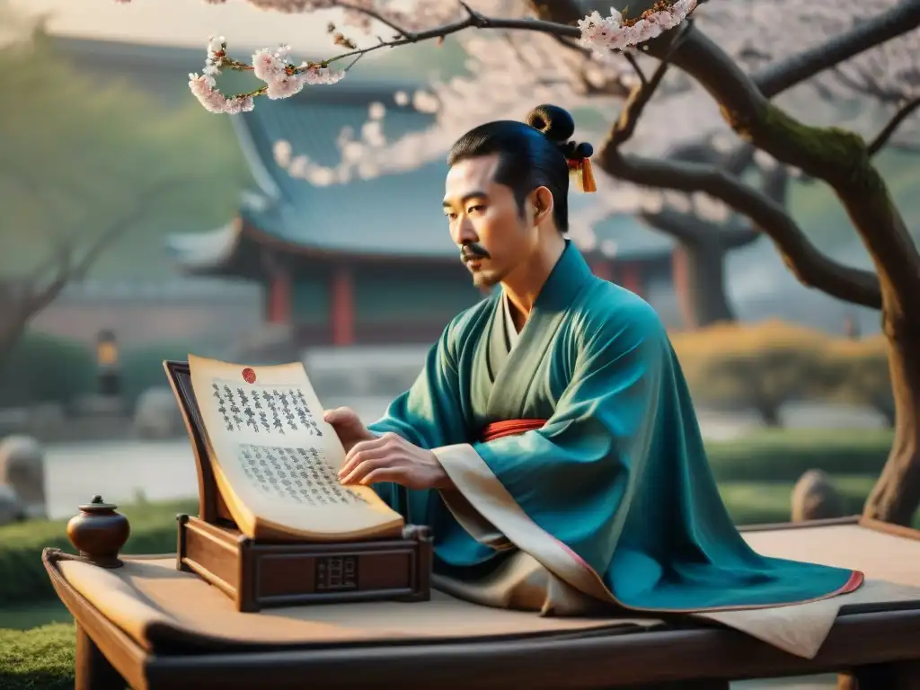 En un jardín sereno, Wei Boyang transcribe el 'Canon de las Tres Palabras' rodeado de cerezos en flor