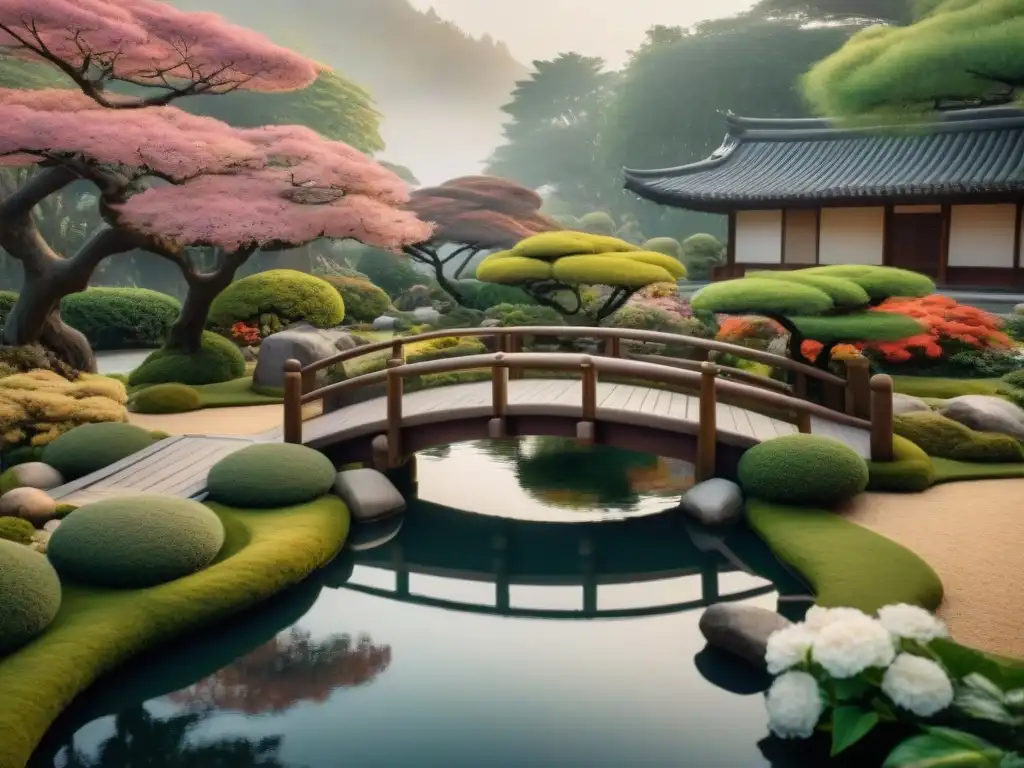 Un jardín zen sereno con un puente de piedra sobre un estanque rodeado de bonsáis y flores, en tonos sepia