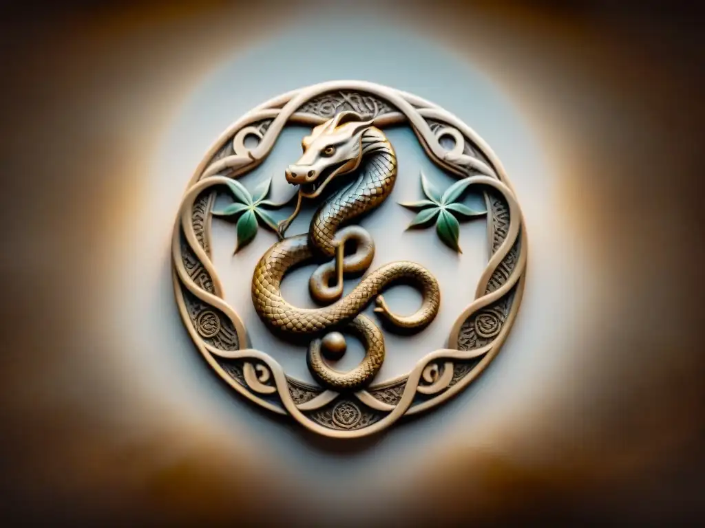 Serpientes entrelazadas, patrones geométricos y escritura antigua en un símbolo alquímico sobre pergamino en tonos sepia
