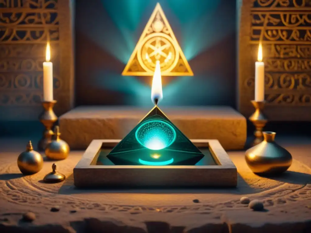 Significado alquímico: retorta creando misterioso elixir en altar iluminado por velas