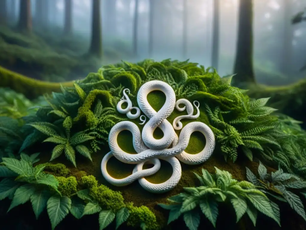 Símbolo de alquimia en bosque místico al atardecer Símbolo de alquimia con serpientes entrelazadas y elementos celestiales en un bosque místico al atardecer
