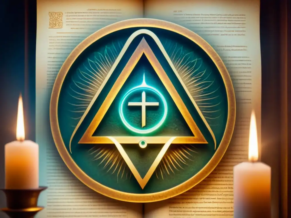 Un símbolo alquímico detallado en sepia acompañado de elementos místicos, sobre un pergamino antiguo iluminado por velas