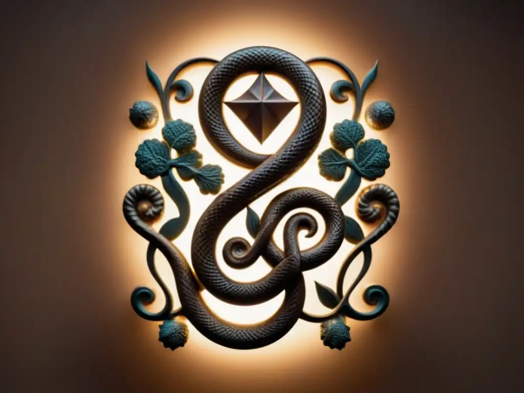 Símbolo alquímico intrincado con serpientes y sigilos, en tonos sepia, rodeado de energías místicas y cuerpos celestes