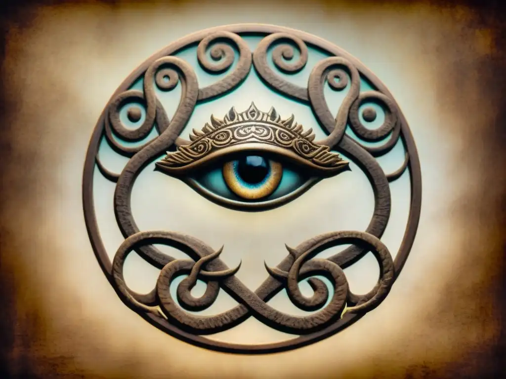 Símbolo alquímico en pergamino envejecido con ojo central, serpientes, símbolos y cuerpos celestes