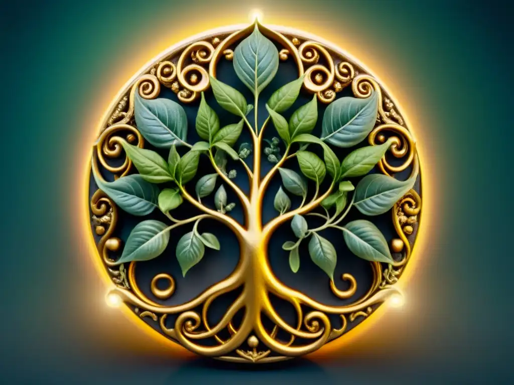 Símbolo alquímico dorado con plantas mágicas Símbolo alquímico con plantas como mandrágora y belladona en oro y plata, en fondo sepia