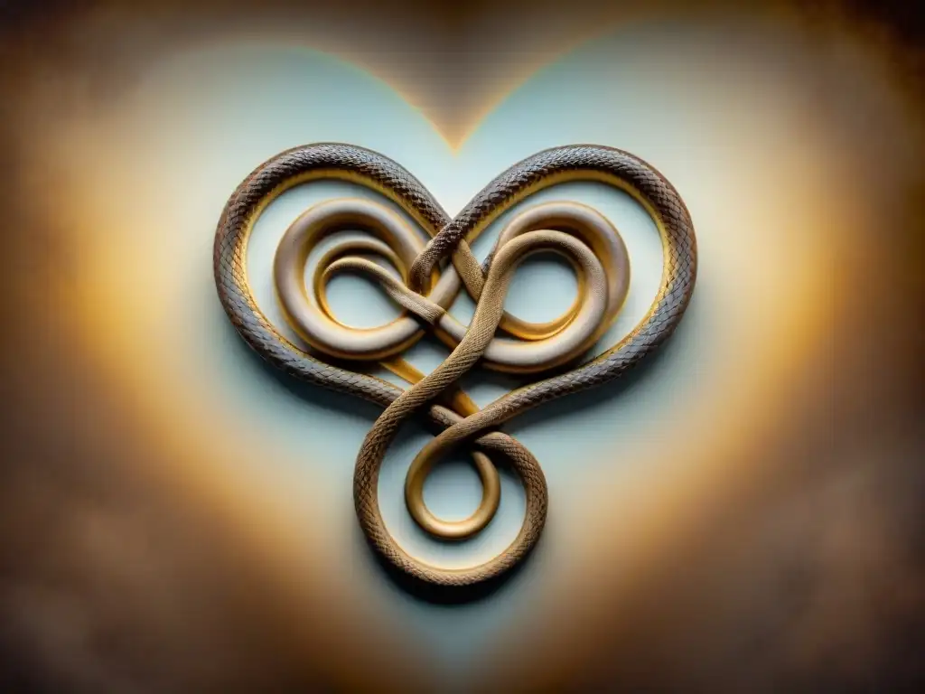 Símbolo alquímico con serpientes entrelazadas y corazón central, rodeado de patrones y motivos celestiales en tonos sepia sobre pergamino envejecido