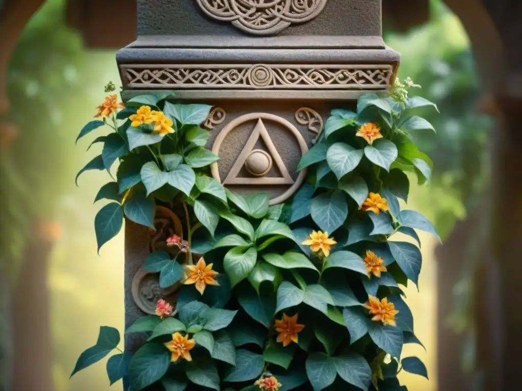 Un símbolo alquímico tallado en una columna de piedra rodeada de un jardín místico y flores vibrantes