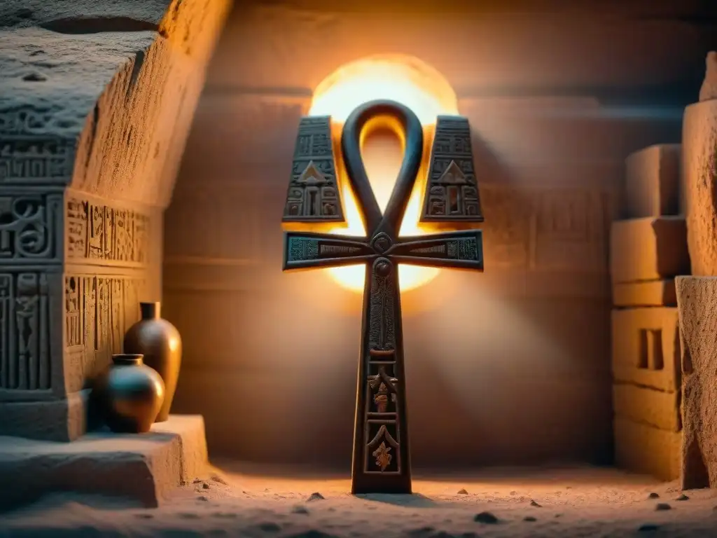 Símbolo alquímico Ankh Egipto tallado en sepia, iluminado por antorchas en tumba egipcia