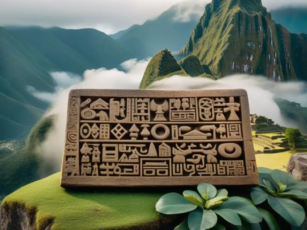 Los símbolos alquímicos de culturas ancestrales se entrelazan en una losa de piedra, evocando el significado de la cultura inca en la mística montaña