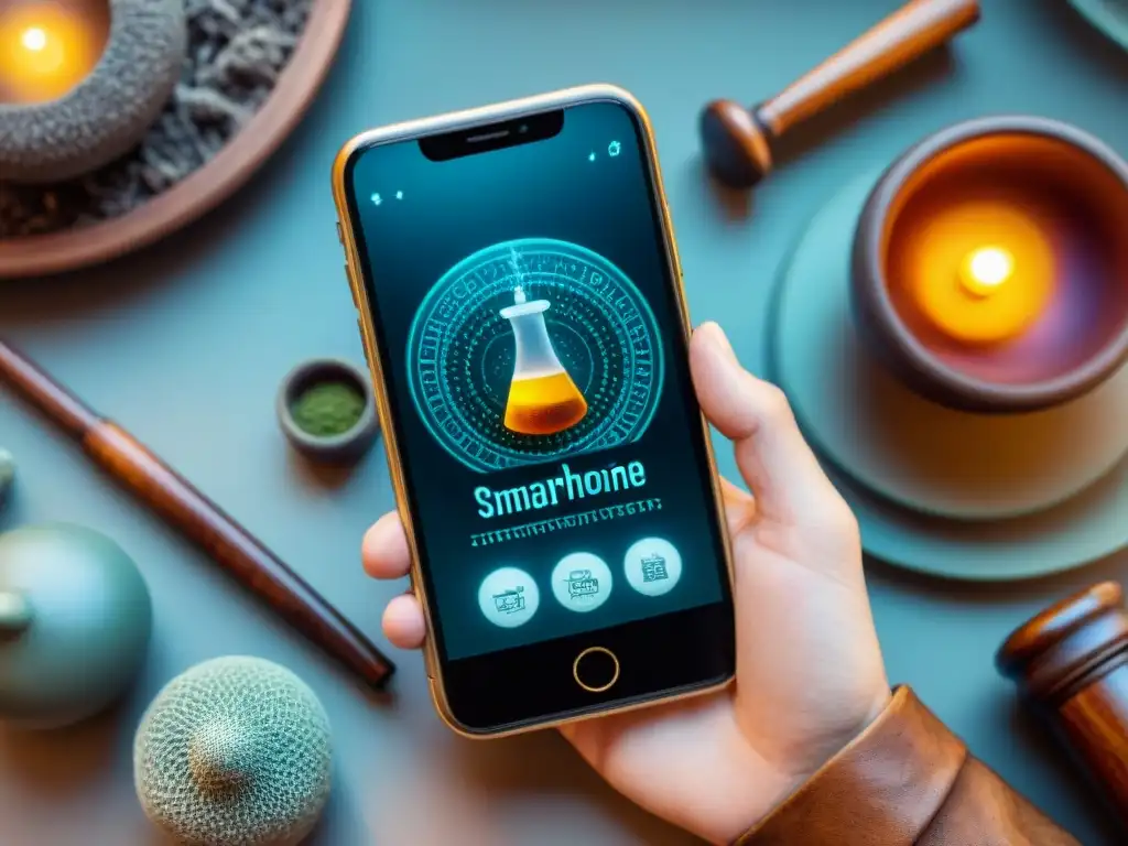 Un smartphone moderno fusionado con herramientas alquímicas antiguas, mostrando una app de alquimia avanzada
