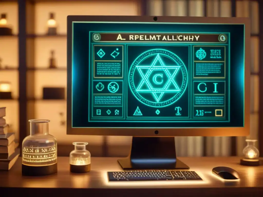 Software de simulación alquímica 2023: Intrincados símbolos alquímicos en pantalla moderna, en un estudio misterioso y antiguo
